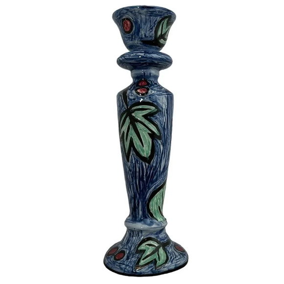 Evandale Porcelain Rare Blue Handpainted Picasso Look 10” Candle Holder - Picture 2 of 5